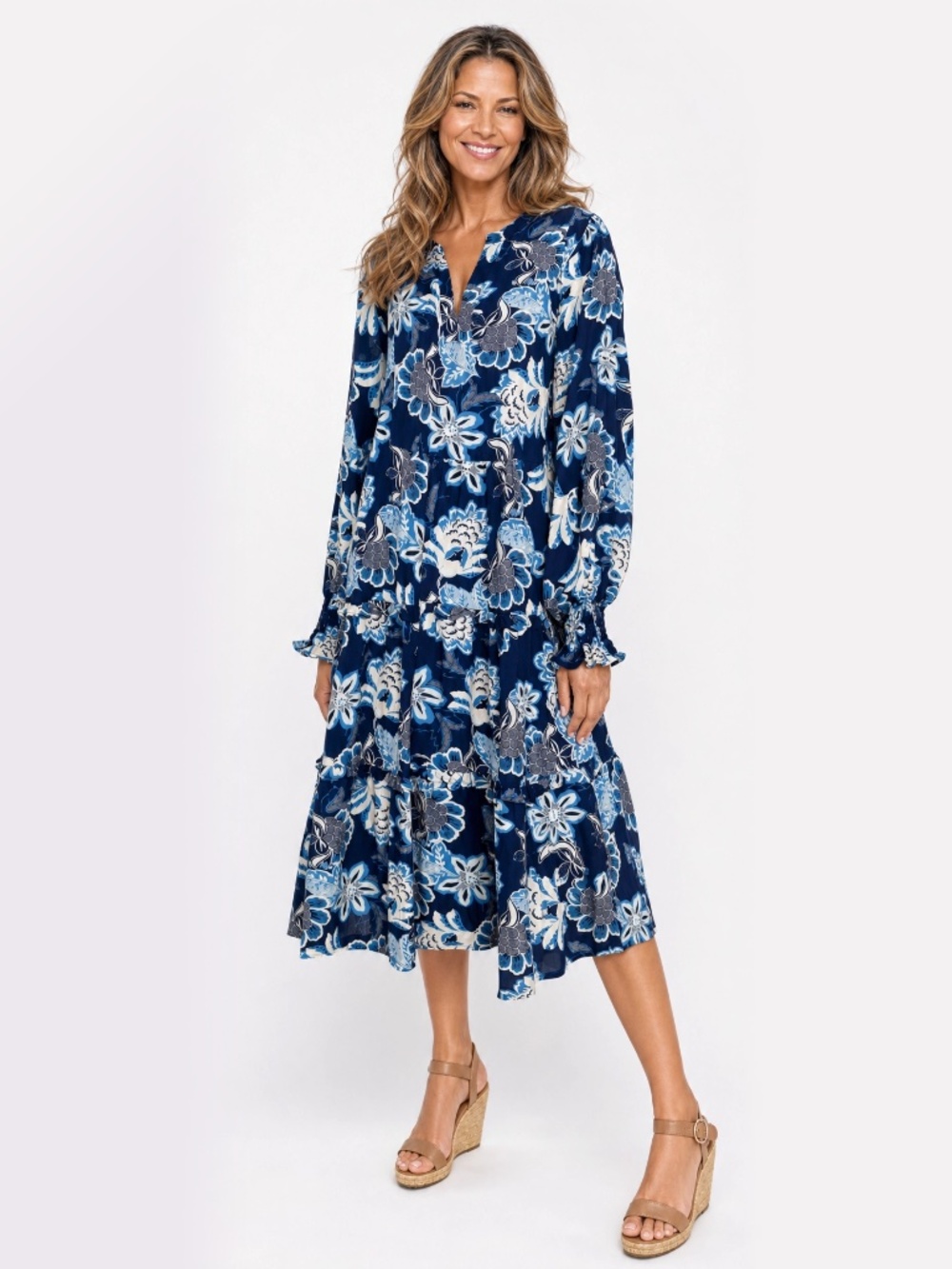 G by Giuliana Size M Blue Floral Tiered Boho Dress Smocked Cuffs NWOT